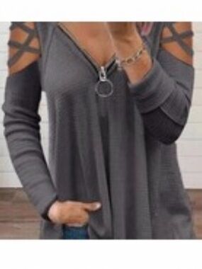 Gray Women's Blouse with Zipper & Cutout Lattice Style Sleeves